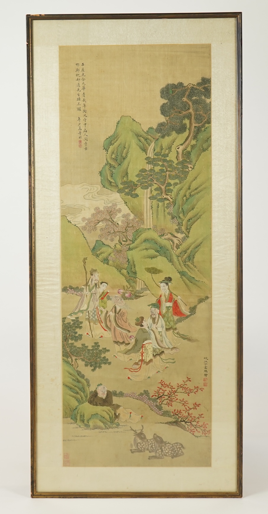 Chinese School , (late 19th century), Immortals in a landscape, Ink and colour on silk, 114.5cm x 40.5cm, excluding brocade border